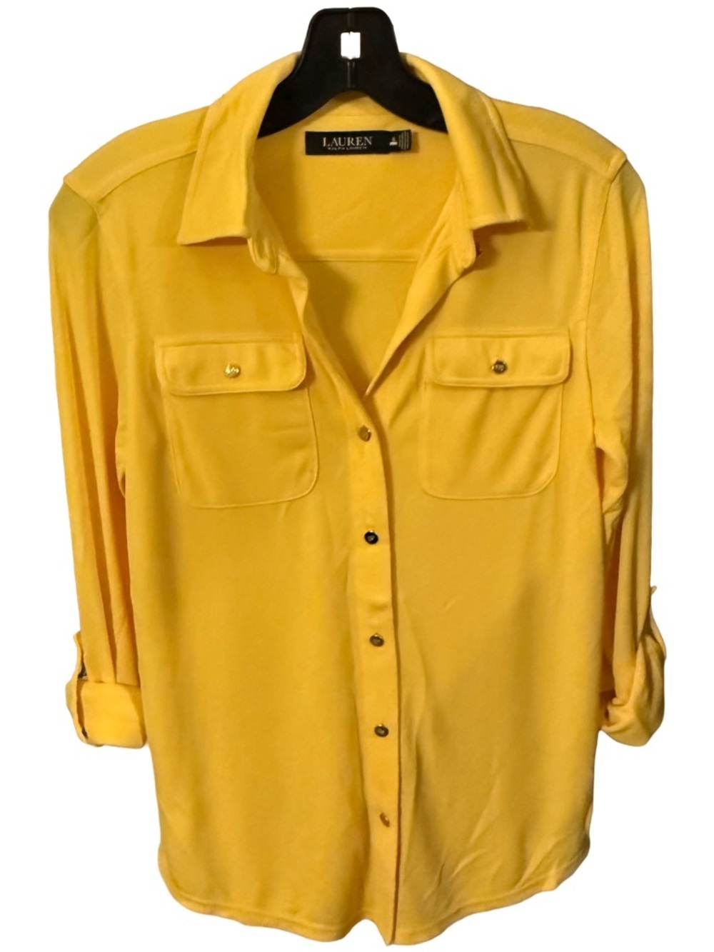 Lauren Ralph Lauren Jersey Button Down Shirt Yellow Pockets Sz S NEW